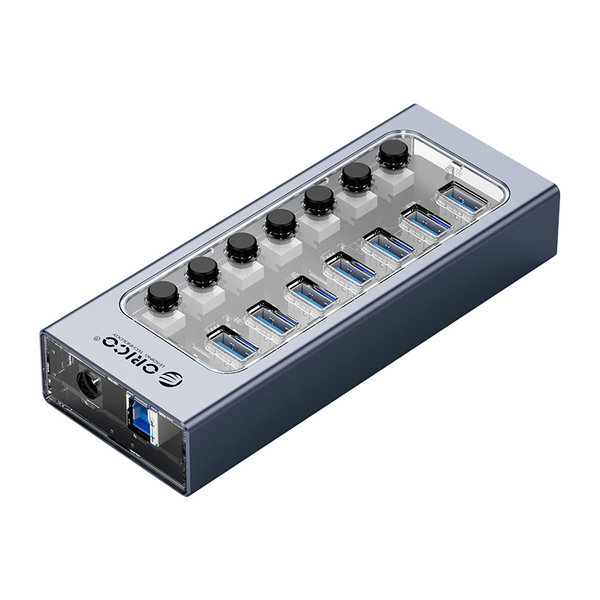 USB 3.0 hub with 7 ports - aluminum and transparent design - BC 1.2 - gray