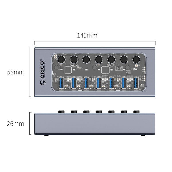 USB 3.0 hub met 7 poorten - aluminium en transparant design - BC 1.2 - grijs