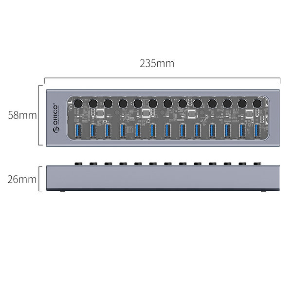 USB 3.0 hub met 13 poorten - aluminium en transparant design - BC 1.2 –  60W - grijs