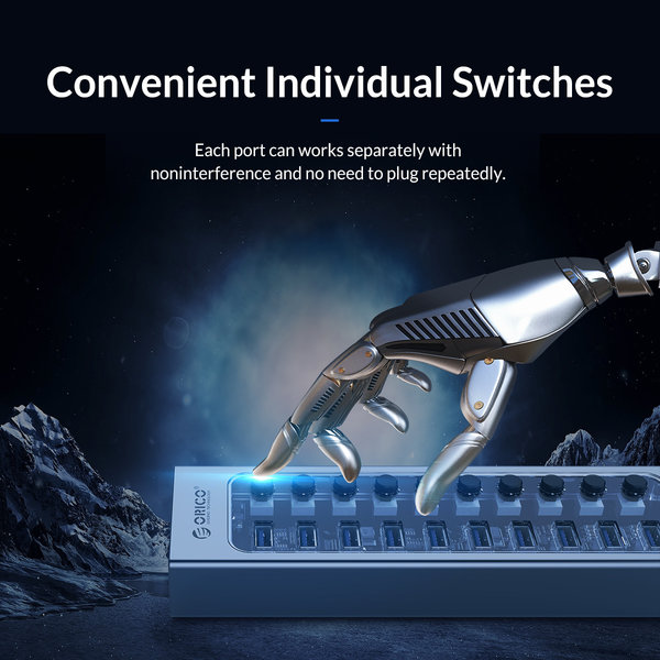 USB 3.0 hub met 13 poorten - aluminium en transparant design - BC 1.2 –  60W - grijs