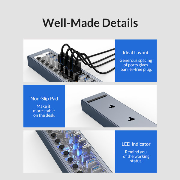 USB 3.0 Hub mit 16 Anschlüssen - Aluminium und transparentes Design - BC 1.2 - 78W - grau