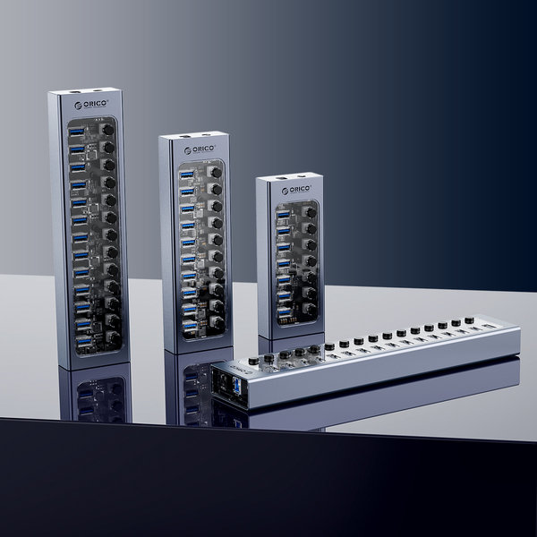 USB 3.0 hub with 16 ports - aluminum and transparent design - BC 1.2 - 78W - gray