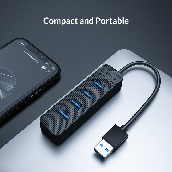 USB 3.0 hub met 4 USB-A poorten - extra USB-C stroomtoevoer - zwart