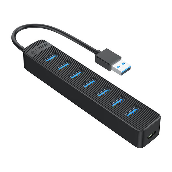 USB 3.0 hub with 7 USB-A ports - additional USB-C power supply - black