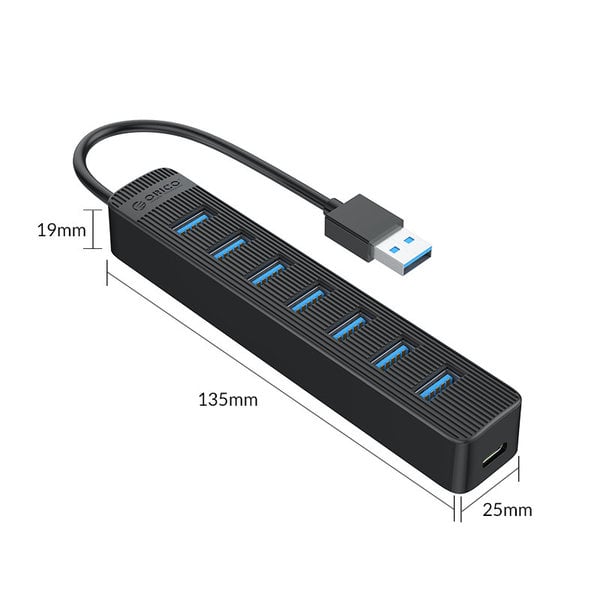 USB 3.0 hub with 7 USB-A ports - additional USB-C power supply - black