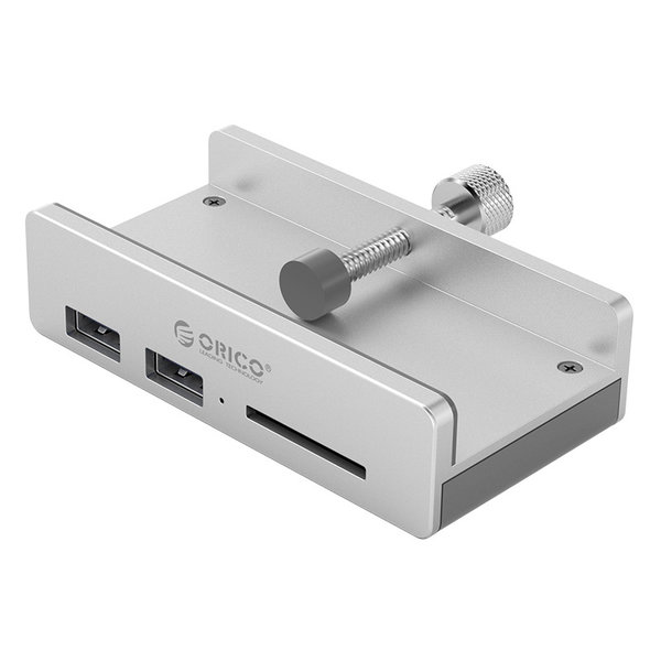 Hub USB 3.0 en aluminium avec 2x USB-A et lecteur de carte - conception à clipser - plage de serrage 10-32mm - argent