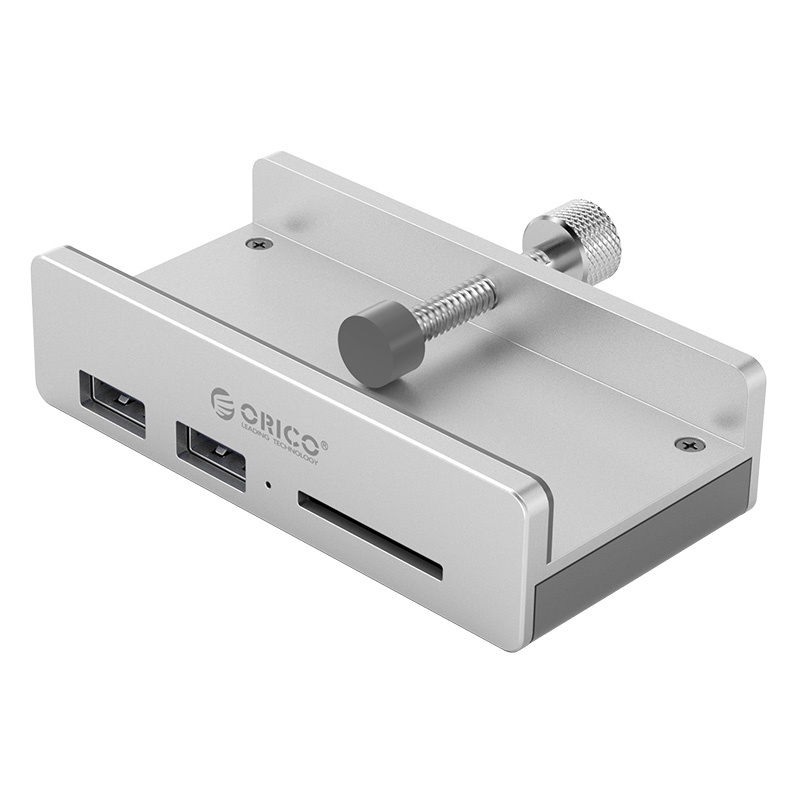 Aluminum USB 3.0 hub with 2x USB-A and card reader - clip-on design -  silver - Orico