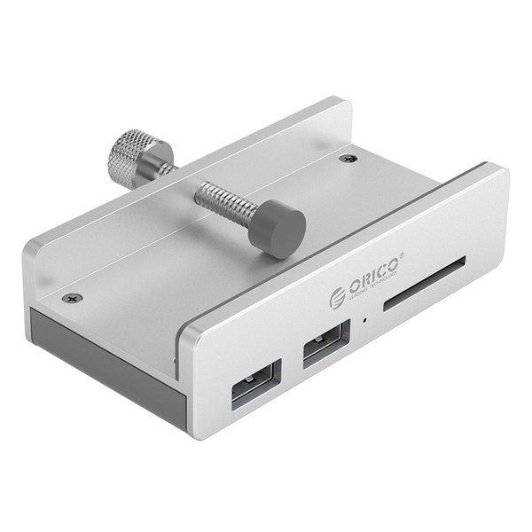 Aluminium USB 3.0 hub met 2x USB-A en kaartlezer - clip-on design - klembereik 10-32mm - zilver