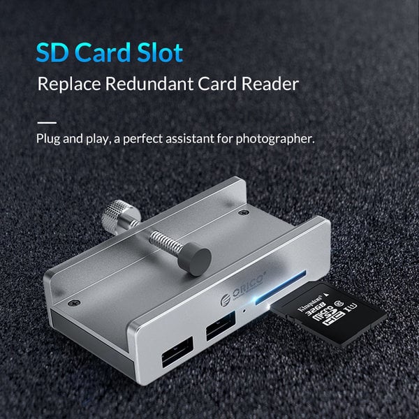 Aluminum USB 3.0 hub with 2x USB-A and card reader - clip-on design - clamping range 10-32mm - silver