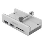 Aluminum USB 3.0 hub with 2x USB-A and card reader - clip-on design - clamping range 10-32mm - silver