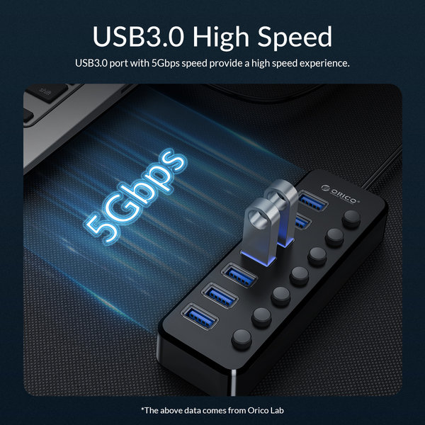 USB 3.0 Hub mit 7 Ports und Ein-/Ausschalter - Schwarz