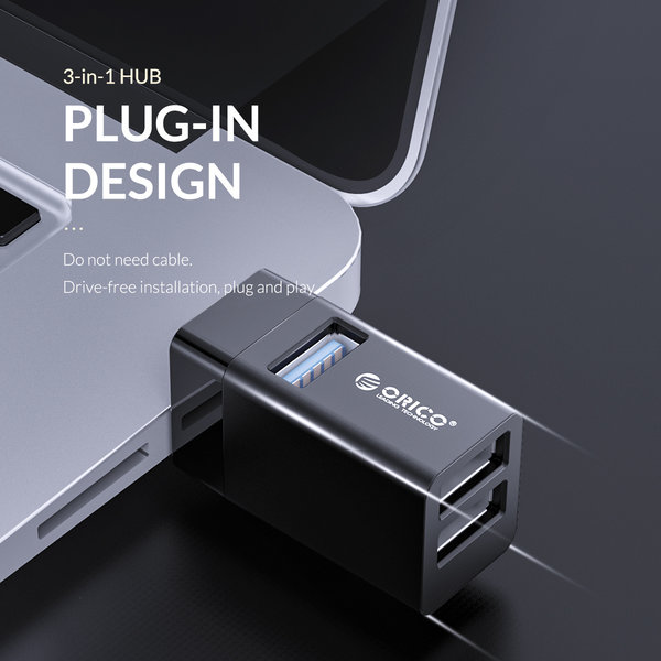 Mini hub USB avec 3 ports USB-A - 5Gbps - Plug and Play - Noir