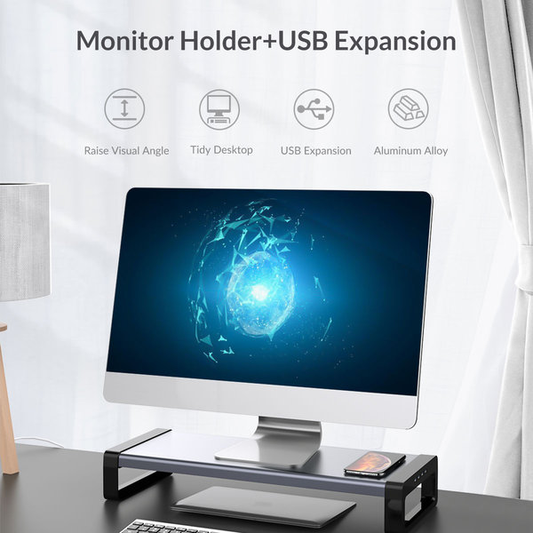 Monitorständer - Mit 4x USB 3.0 Ausgang - Aluminium - Grau