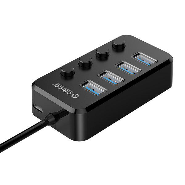 USB 3.0 hub met 4 poorten en aan/uit schakelaars - externe stroomaanvoer mogelijk - zwart