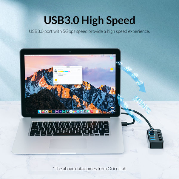 USB 3.0 hub with 4 ports and on/off switches - external power supply possible - black