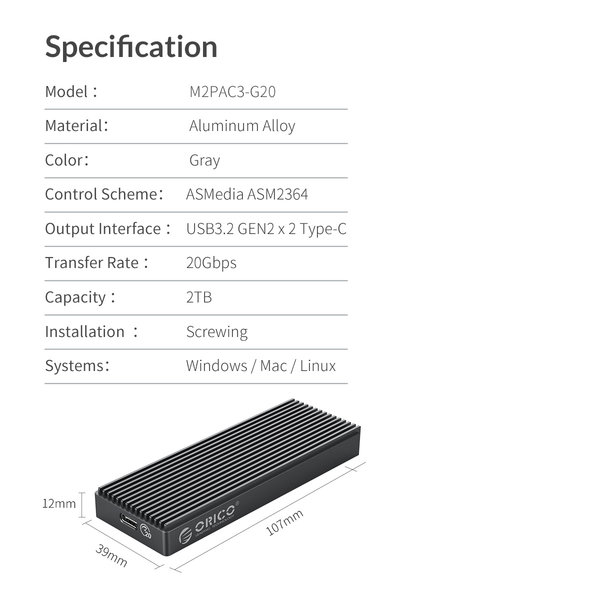 Boitier SSD NVMe USB 3.2 M2 Aluminium - 20Gbps - Puce ASM2364 - Gris Ciel