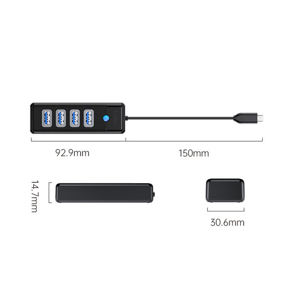Orico Hub USB avec 4x USB-A (3.0) - Design ultra fin - Noir - Câble de 100 cm