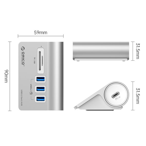 Orico Aluminium 3-Port USB3.2 HUB mit TF/SD-Kartenleser