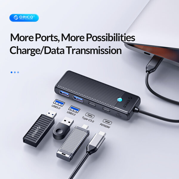 Orico USB-C-Hub mit 2x USB-A 3.0, 1x USB-C und 1x PD – Schwarz