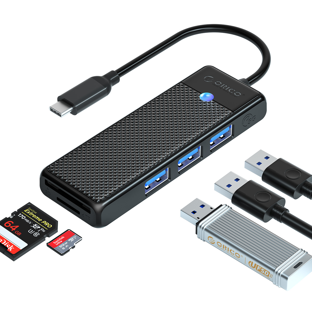 USB-C Hub with 3x USB-A, SD and Micro SD slot - Black - Orico