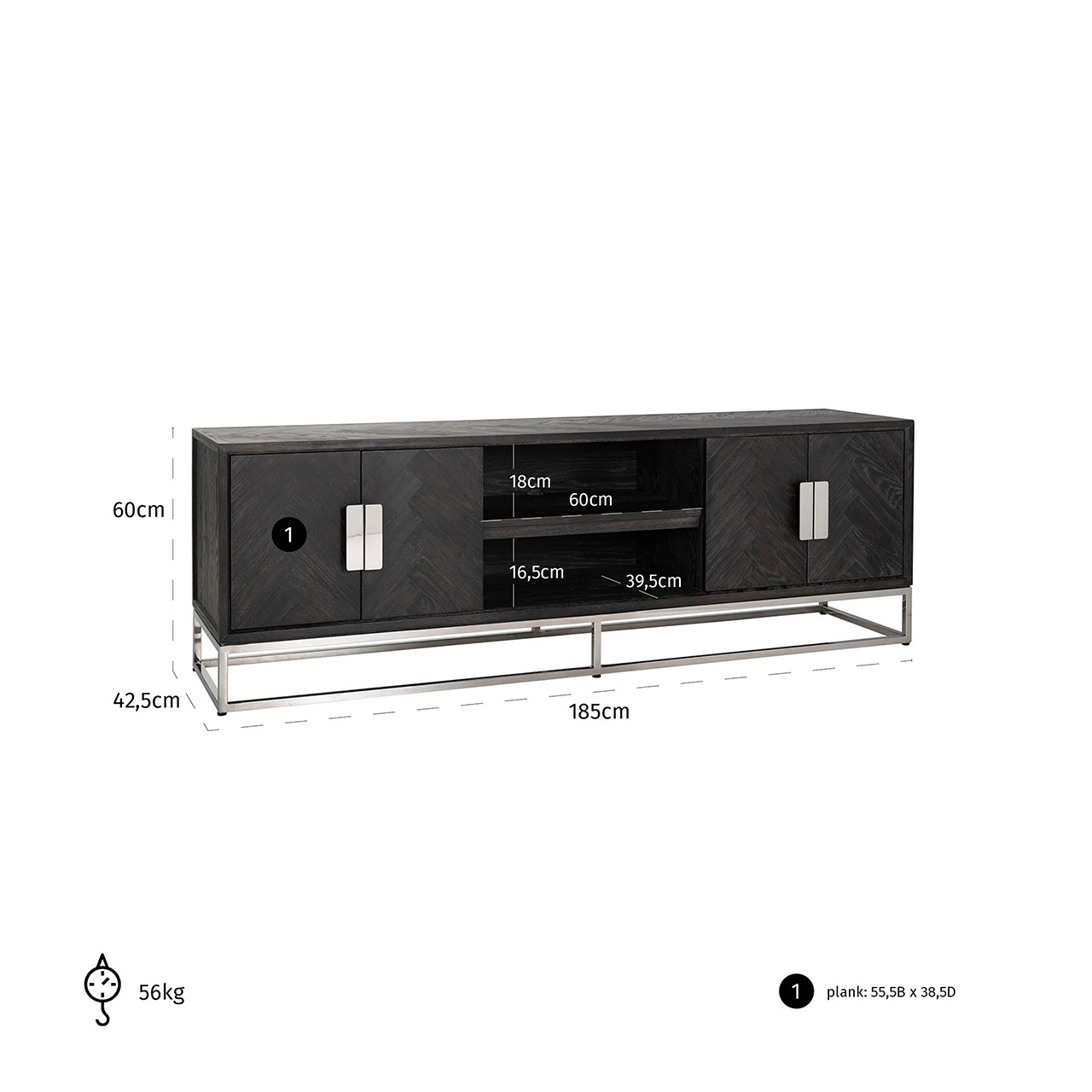 TV-dressoir 185 Blackbone silver 4-deuren (Zilver)