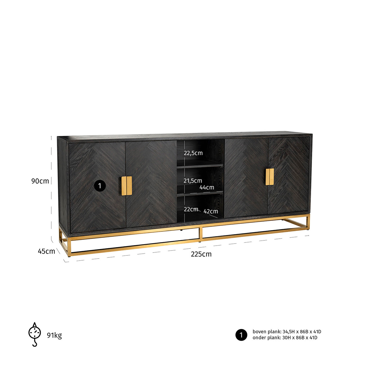 Dressoir Blackbone gold 4-deuren + open vak (Goud)