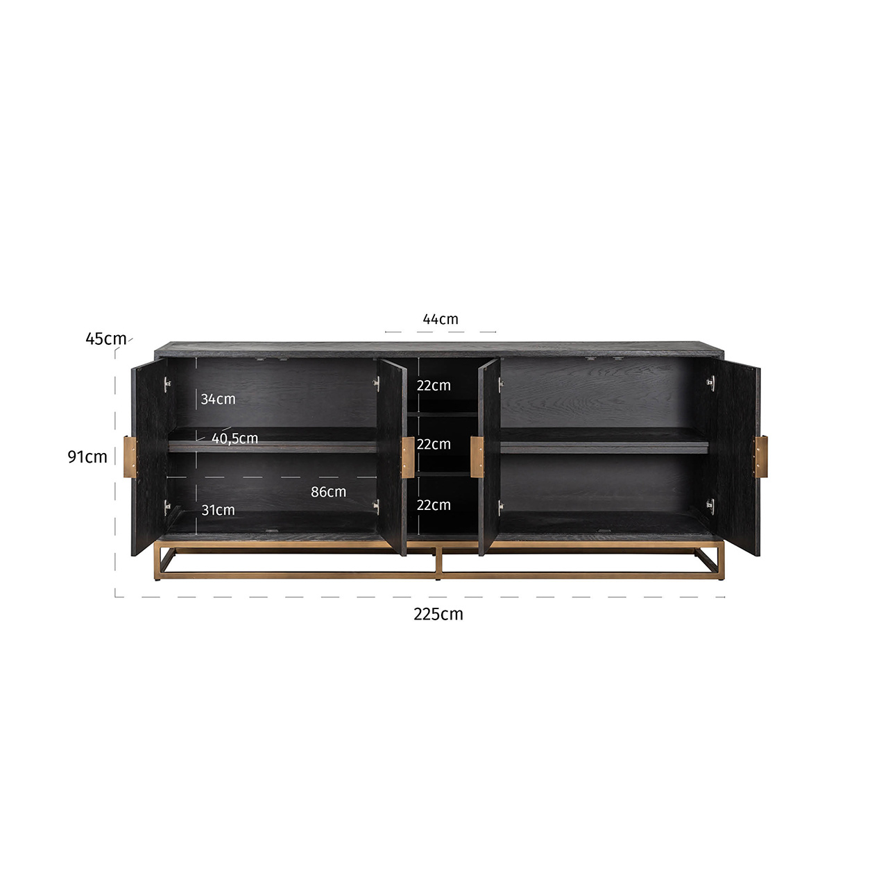Dressoir Blackbone Brass 4-deuren + open vak (Brushed Gold)