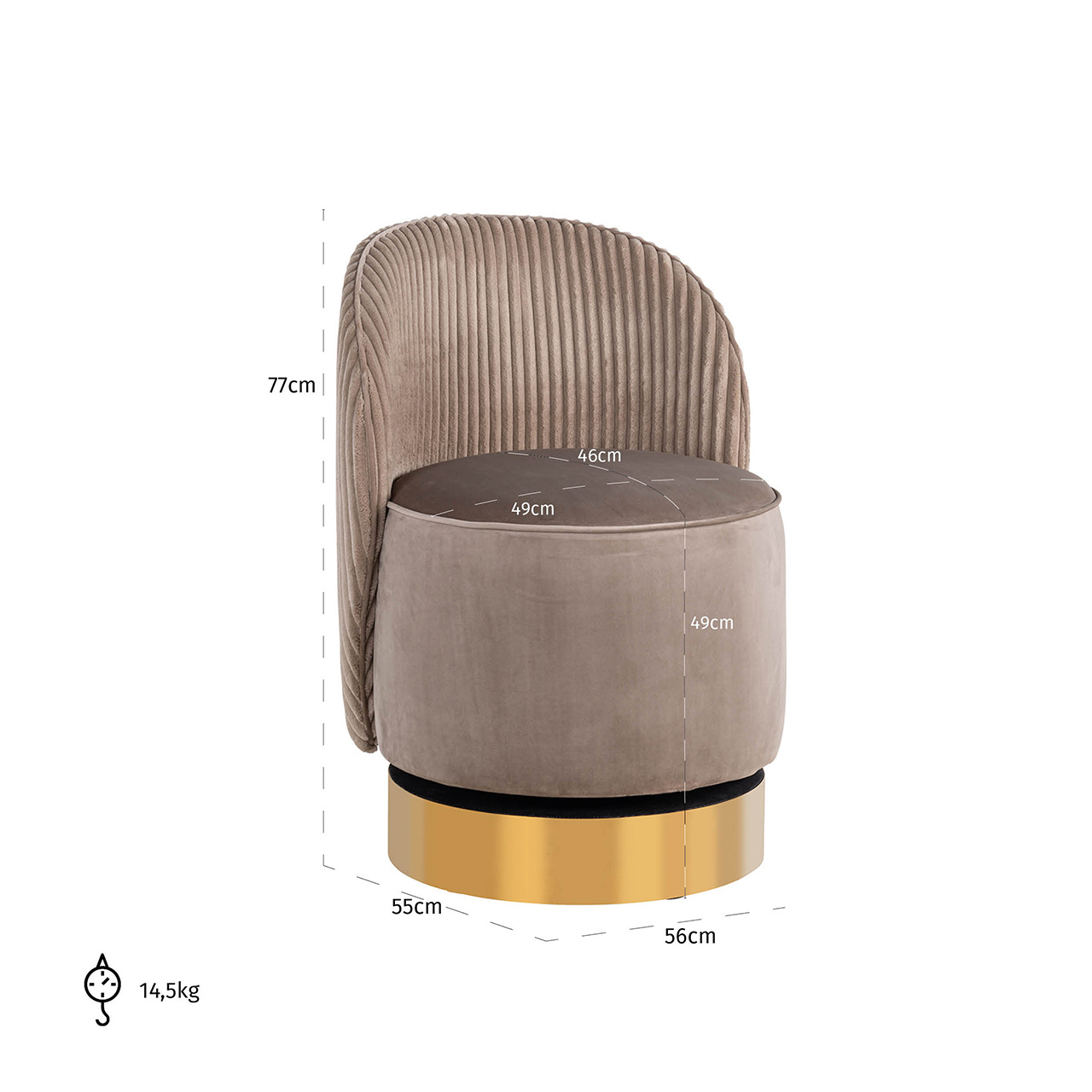 Draaifauteuil Bristel Nougat velvet + rib