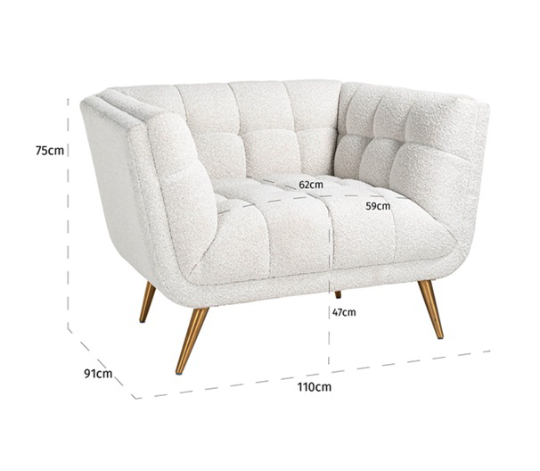 Fauteuil Huxley White Bouclé / Brushed gold (Copenhagen 900 Bouclé White)