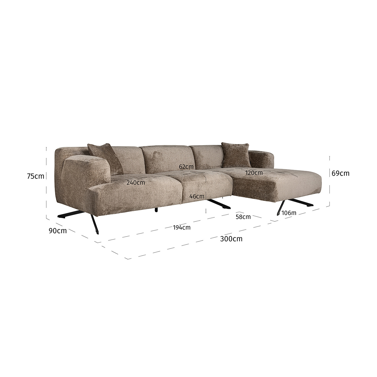 Bank Donavan 3-zits + lounge rechts (Bergen 104 taupe chenille)