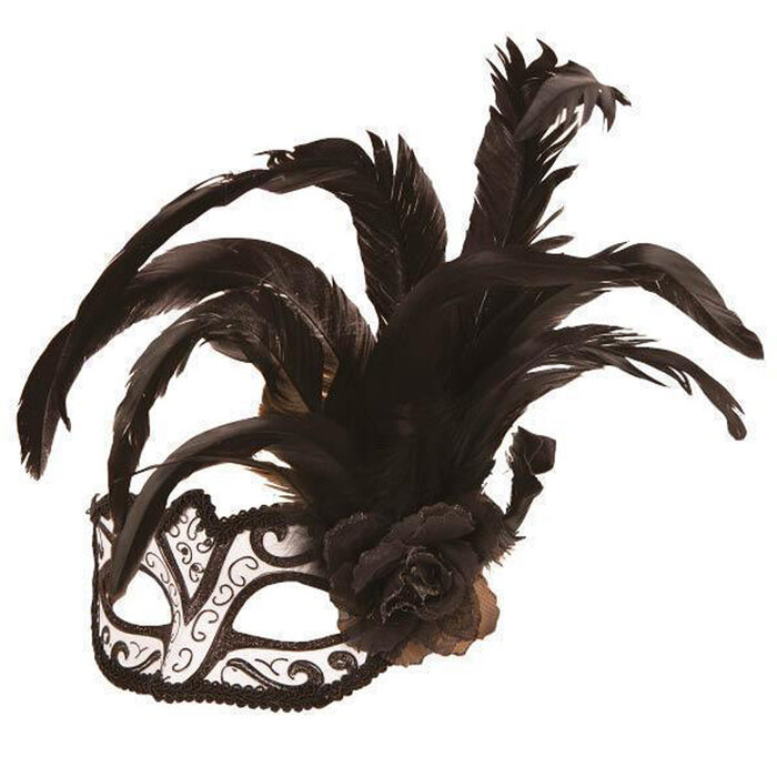 Partyline Venetiaans Masker wit/zwart met bloem en pluim