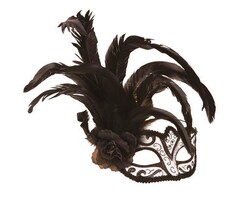 Partyline Venetiaans Masker wit/zwart met bloem en pluim