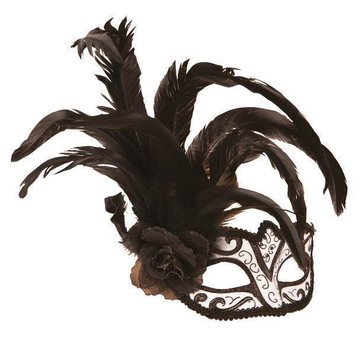 Partyline Venetian Mask white / black with flower and feather