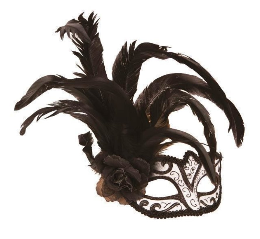 Venetian Mask white / black with flower and feather