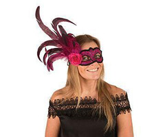 Partyline Venetiaans Masker fushia met bloem en pluim