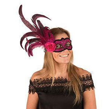 Partyline Venetiaans Masker fushia met bloem en pluim