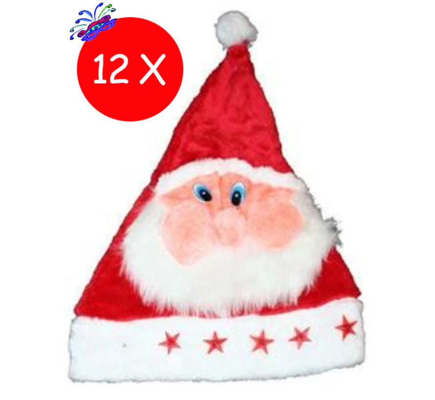 12 x Bonnet de Noël Peluche Père Noël avec lumières