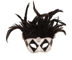 Partyline Venetiaans Masker wit/zwart met zwarte pluimen