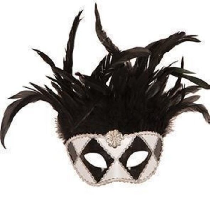 Partyline  Masque vénitien blanc / noir avec plumes noires