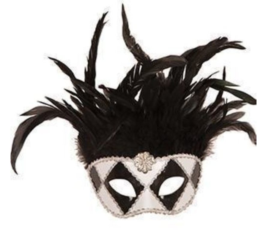 Venetiaans Masker wit/zwart met zwarte pluimen