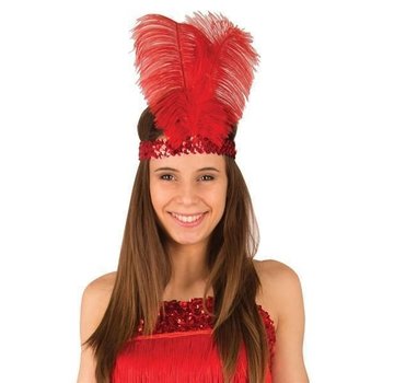 Partyline Charleston hoofdband rood met veer