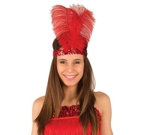 Partyline Charleston hoofdband rood met veer