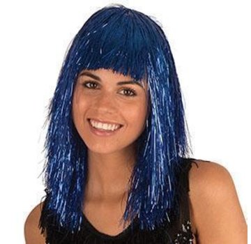 Partyline Disco Pruik Tinsel Blauw