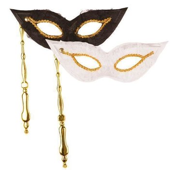 Partyline Duo Venetiaans Masker op stok wit/zwart | 2 Venetiaanse Maskers