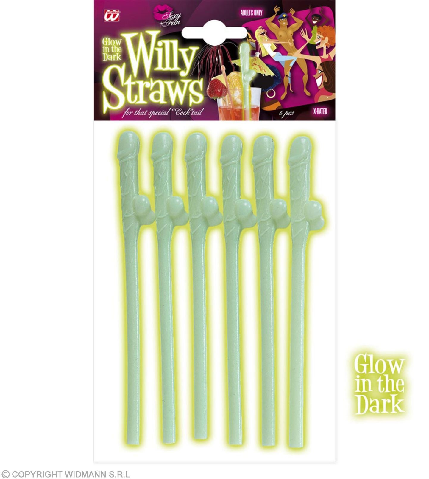 Widmann Glow In The Dark Penis rietjes - 6 stuks | Herbruikbare Piemel rietjes