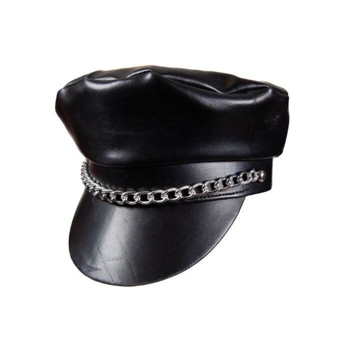 Wicked Costumes Lederlook Biker hat | Black biker hat with chain