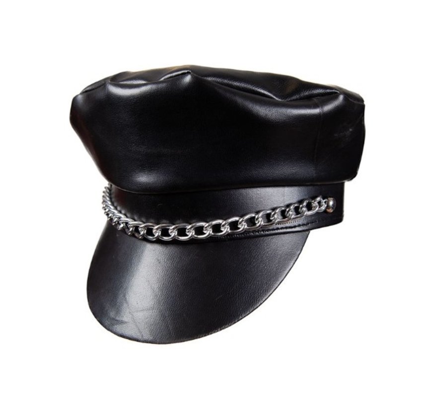 Lederlook Biker hat | Black biker hat with chain