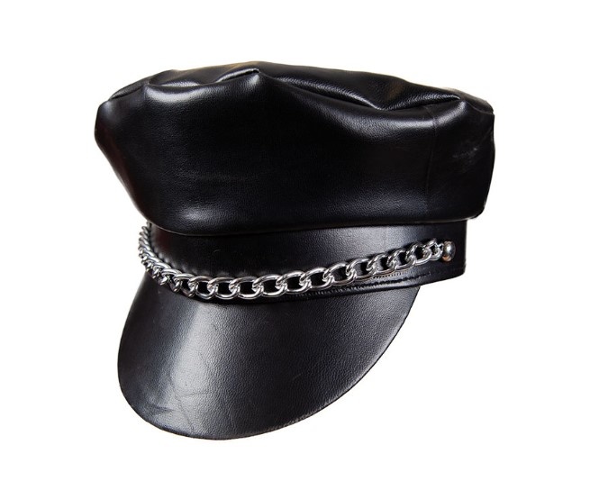 Wicked Costumes Lederlook Biker hat | Black biker hat with chain
