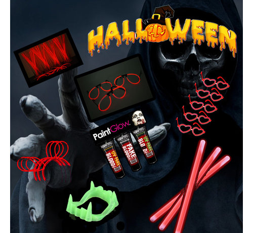 Breaklight.be Halloween 220 pièces Horror Glow @ Home package | Bracelets lumineux rouges | Paintglow Blood 10 ml | Dents Dracula Glow in the dark