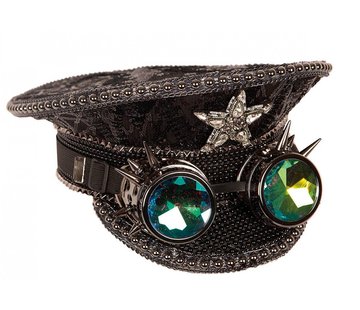 Partyline Black luxury captain's hat with steampunk holographic goggles | Rave hat | Concert hat